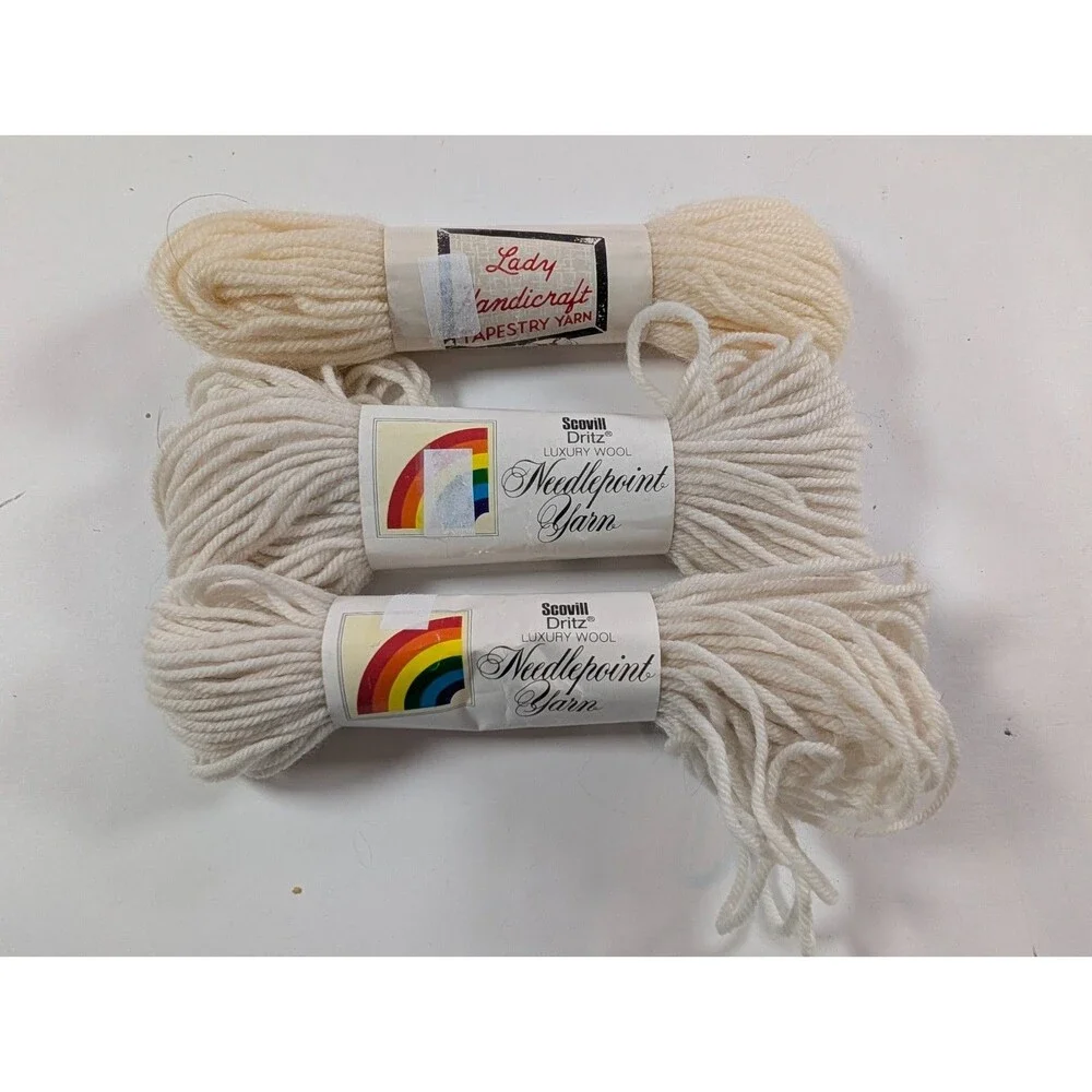 Vintage Needlepoint Tapestry Wool Yarn Lot 3 Skeins Ivory Snow White Scovill
